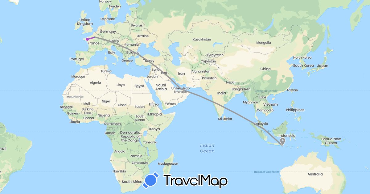 TravelMap itinerary: driving, plane, train in United Arab Emirates, France, Indonesia, Singapore (Asia, Europe)